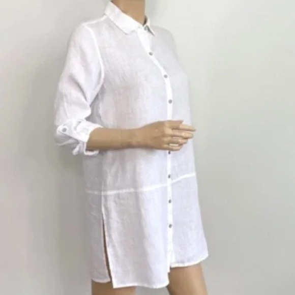 Tahari White Linen Tunic Button Down Blouse Top Classic Closet Staple Capsule - Picture 2 of 12